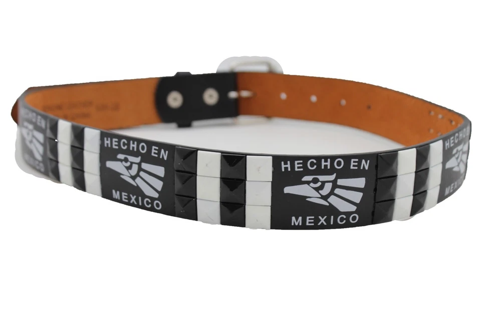 Women Men Hecho en Mexico Black Faux Leather White Pyramid Studded Belt XL - Изображение 2 из 4