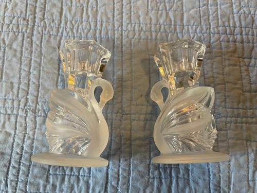 Pair Of 24% Lead Crystal Frosted Clear Swan Candlestick Holders 3β Wedding Rare