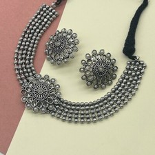 Silver Oxidized Choker Stud Earrings Oxidized Necklace for Navratri and Weddings