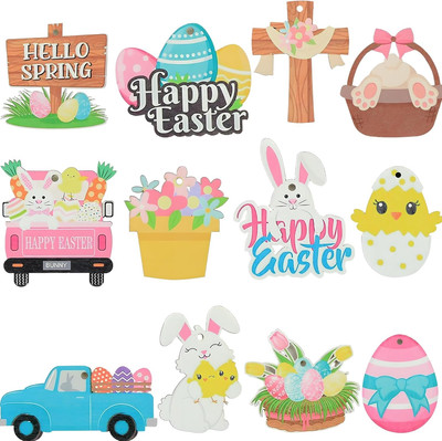 Set of 12 Easter Ornaments and Decorations for Home, Hanging Retro Wooden Signs 