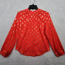 Shein Shirt Womens Medium Red w/ Gold Spots Long Sleeve Keyhole Mock Neck