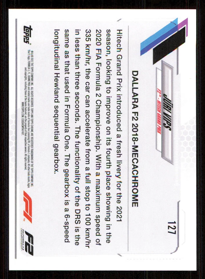 2021 Topps Chrome Formula 1 #127 Juri Vips/F2 Cars - Image 2 of 2