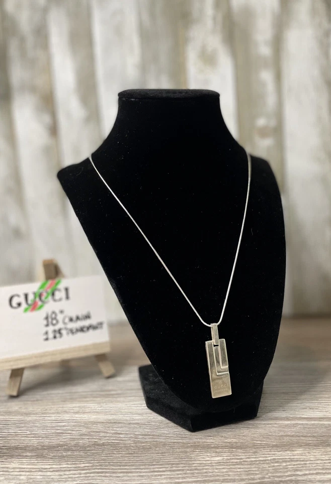 Gargantilla de cuero vintage Gucci G placa en relieve plata 925 colgante cadena collar Foto 3 de 4