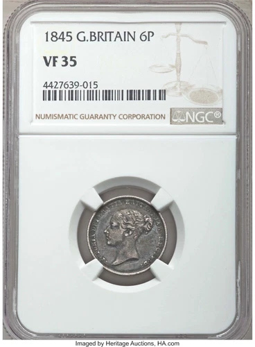 1845 6 Pence Sixpence Great Britain Tanner NGC VF35 SILVER UK