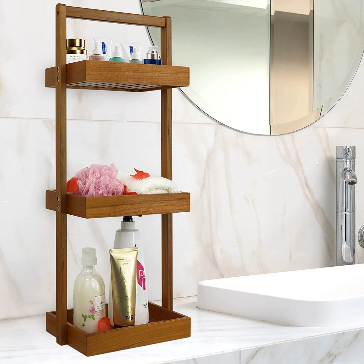 3 Tier Bathroom Corner Organizer with Teak Wood Shower Caddy Standing  Handle Up