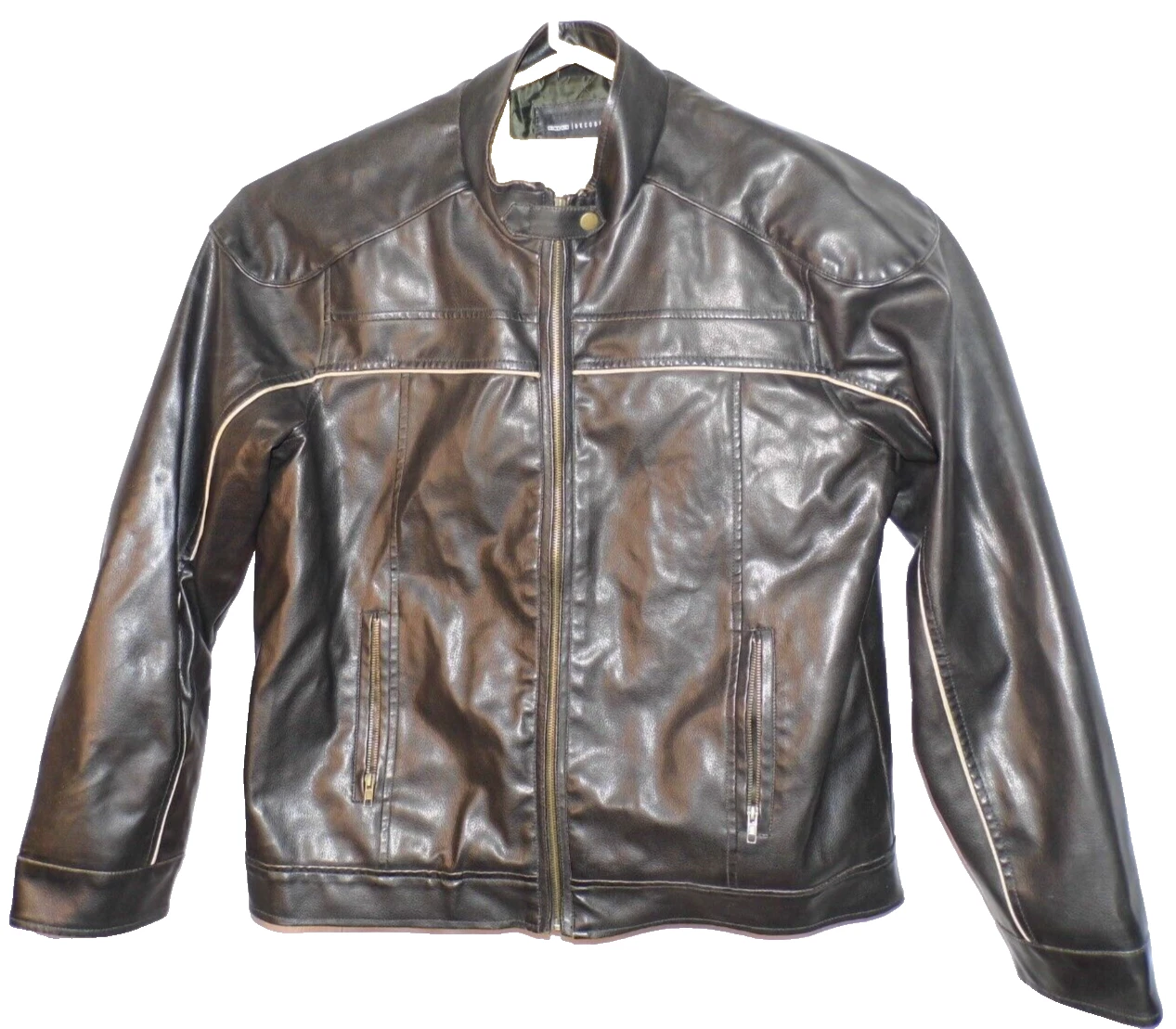 Coat Vintage Decoded Black Vegan Leather Men's Jacket Lined Biker style Large - product detail image 4