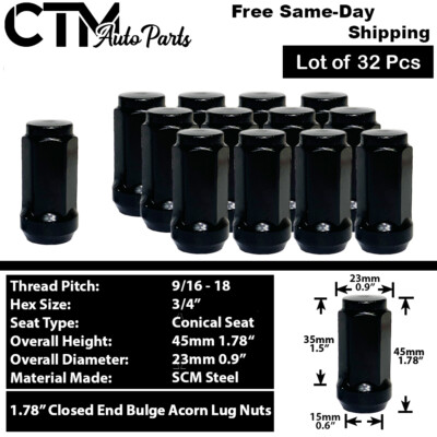 32Pc BLACK 9/16-18 BULGE ACORN WHELL LUG NUT 3/4