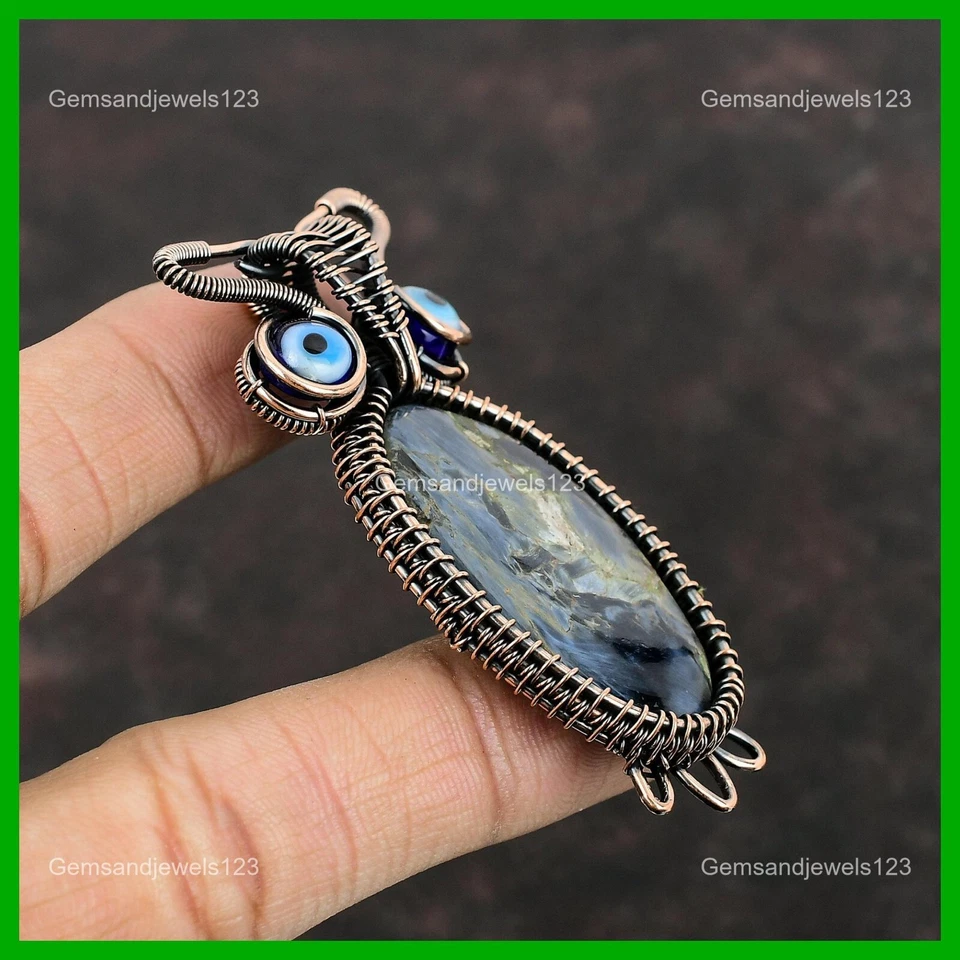 Copper Pietersite Gemstone Blue Color Evil Eye Owl And Wire Wrapped Wife Pendant - Image 4 of 4