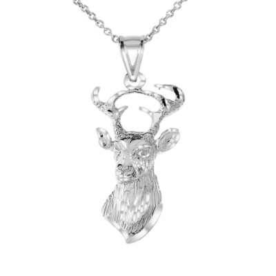 Sterling Silver Textured Samber Deer Head Hunting Diamond Cut Pendant Necklace