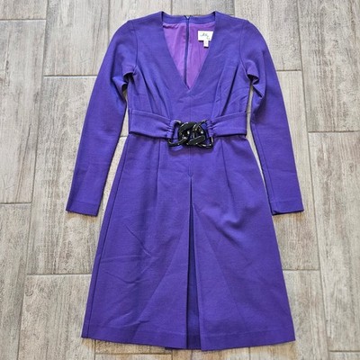 Milly Dress Size P US 0-2 Petite Purple V-Neck Long Sleeve Mod Bold Timeless