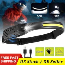 5-Modi Stirnlampe COB+LED Kopflampe Wiederaufladbar Bewegungssensor Akku USB DHL