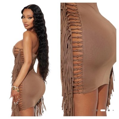 Fashion Nova Brown Strapless Fringed Mini Dress Size Medium | eBay