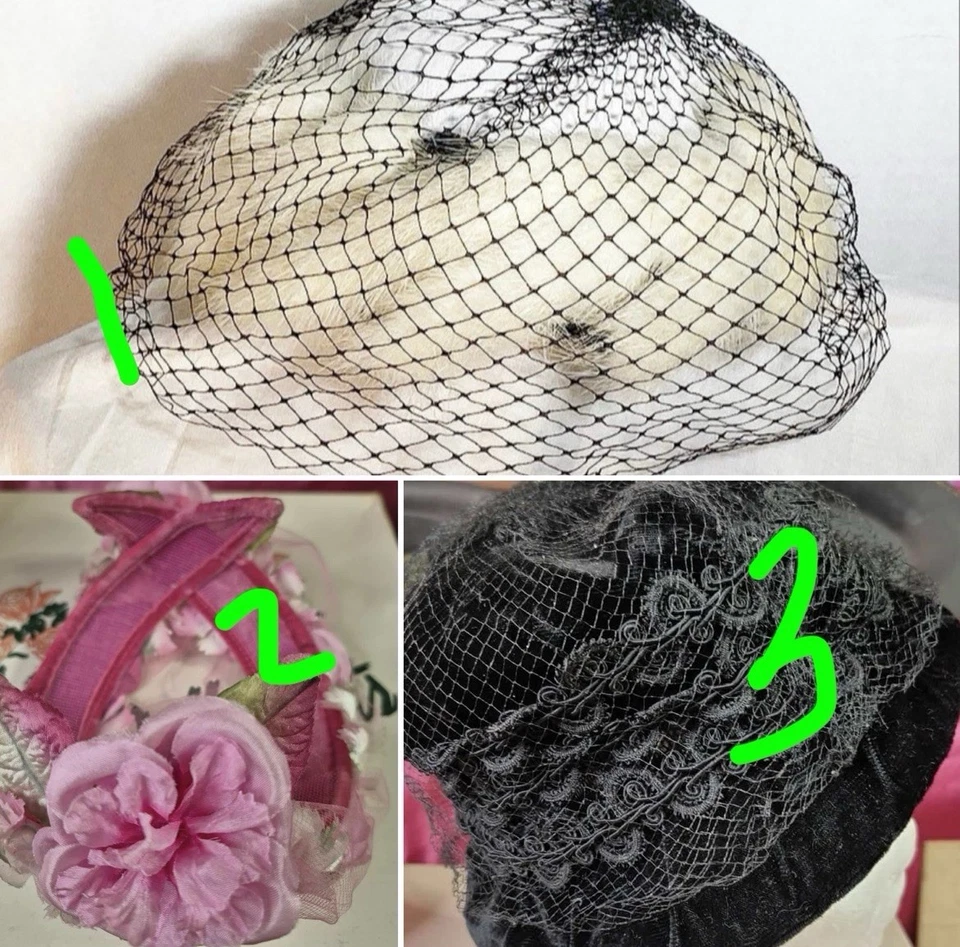Sombreros de Colección - Sombrero Halo de Piel de Conejo, Fascinador de Flores Rosa y Cloche de Gamuza Negra Foto 2 de 4