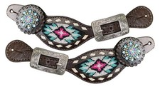 Showman Ladies Pink  Teal Beaded Leather Spur Straps