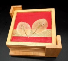 5 Pc Wooden Coasters With Pressed Leaves In Wooden Holder