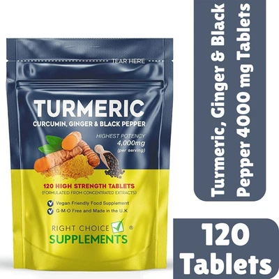 RIGHT CHOICE SUPPLEMENTS Turmeric, Ginger &Black Pepper 4000 mg Tablets High Strength Curcumin Supplement