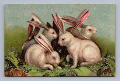 All Easter Joys Around You five rabbits in garden illustration 1900s