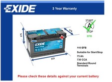 EFB Battery fits SKODA SUPERB 2.5D 01 to 08 Stop Start Exide 110 EFB 730A 75Ah