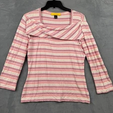 St John Striped Draped Neck Long Sleeve Top Size S Pink White Purple
