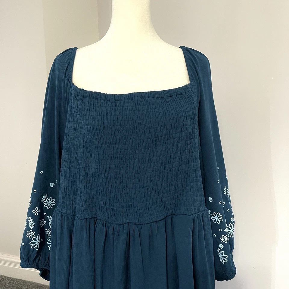 Vestido Torrid Mini Gasa Arrugada Manga Blusa Azul Talla 3X Calado Boho Cottage Foto 2 de 4