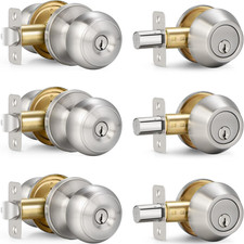 3 Sets Entry Door Knob and Single Cylinder Deadbolt Combo Set, Keyed Alike round