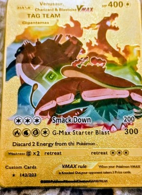 Pokemon Card Gold Foil Fan Art Charizard & Blastoise GX Tag Team Volcanic Blast