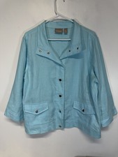Chico's Women s Turquoise Snap Front Jacket with Roll Up Sleeves Linen Sz 2 L