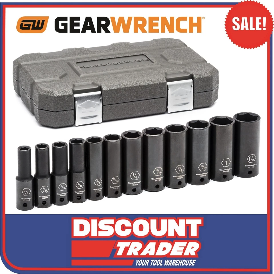 GearWrench 12 Piece 1/2" Drive Impact Socket Set Deep Imperial SAE - 84942N