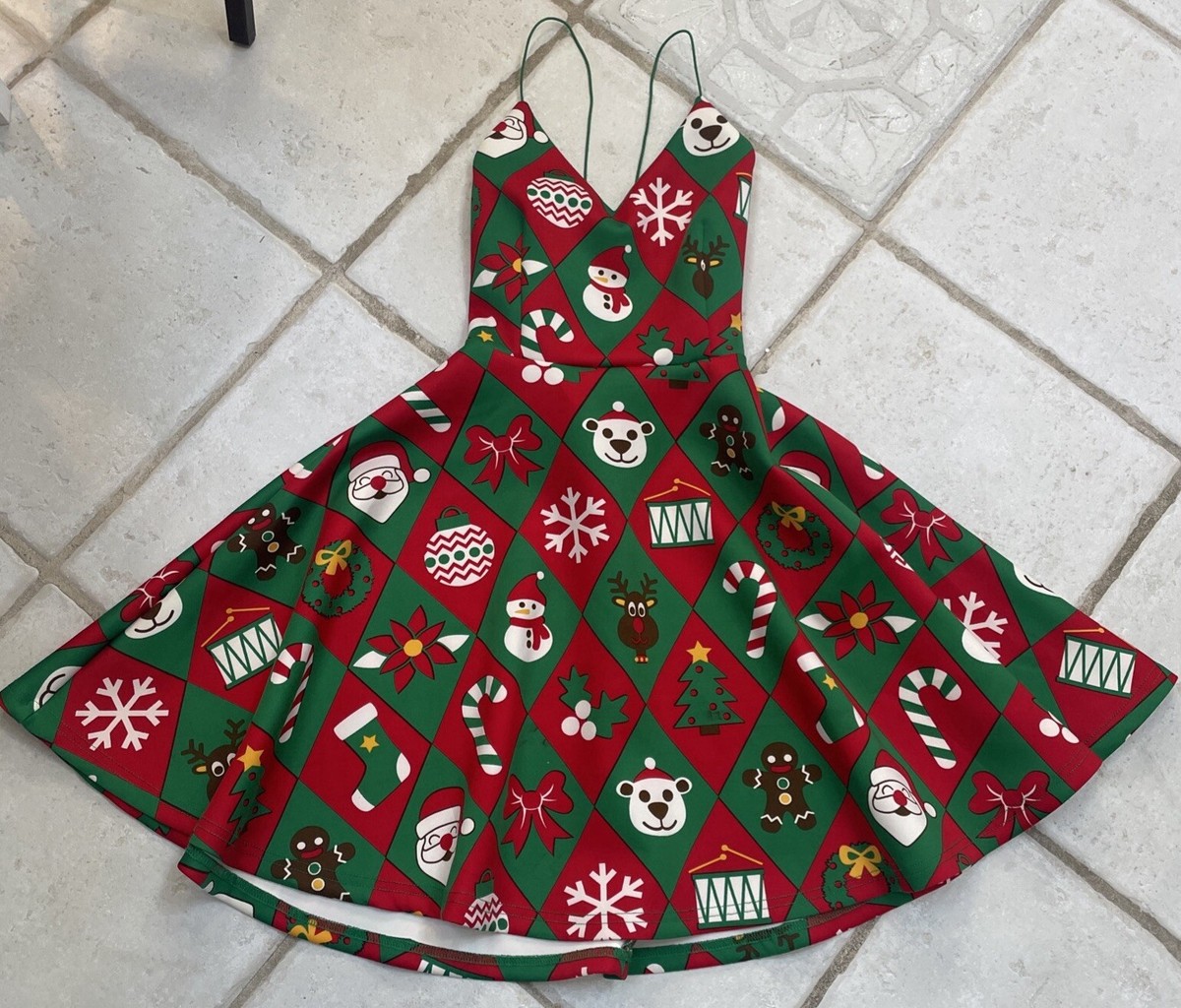 CHRISTMAS DRESS SZ S FIT & FLAIR SPAGHETTI STRAPS FESTIVE HOLIDAY FUN