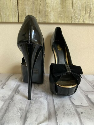 #ad CHARLOTTE RUSSE Women#x27;s Platform High Heels Pump Patent Open Toe Suede Bow $24.95