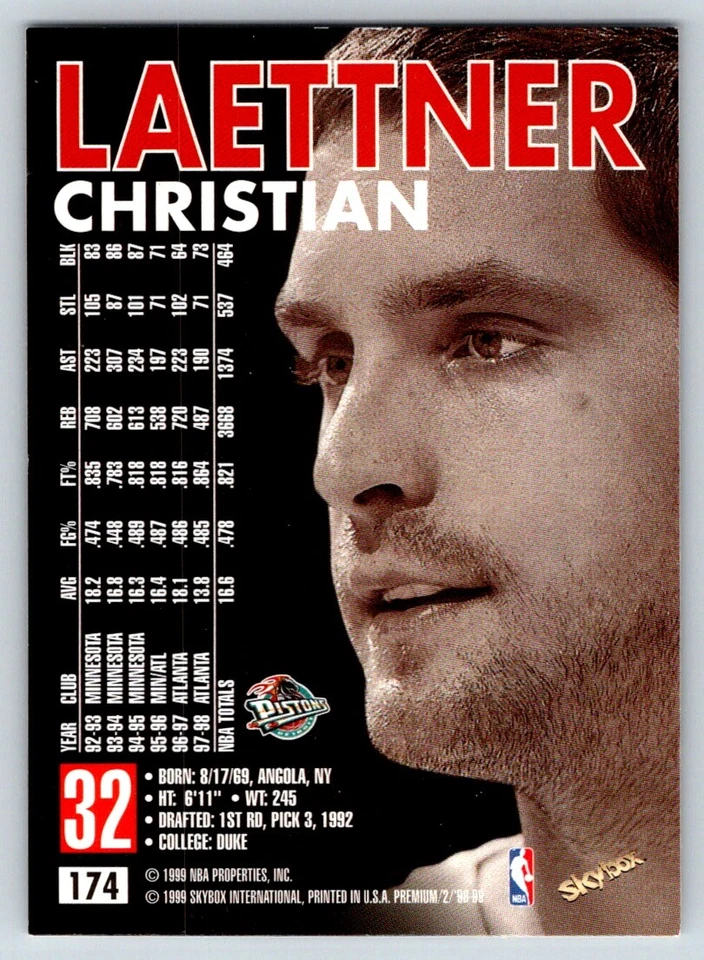 Christian Laettner 1998-99 SkyBox Premium #174 - Image 2 of 2