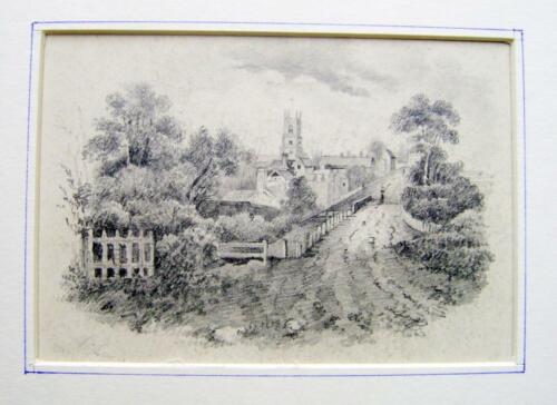 VICTORIAN THE APPROACH TO A VILLAGE WITH CHURCH PENCIL H.LEWIS  C1840 - Picture 1 of 1