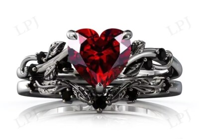 Natural Heart Shap Garnet Engagement Ring Set For Women 925 Silver Leaf Design .