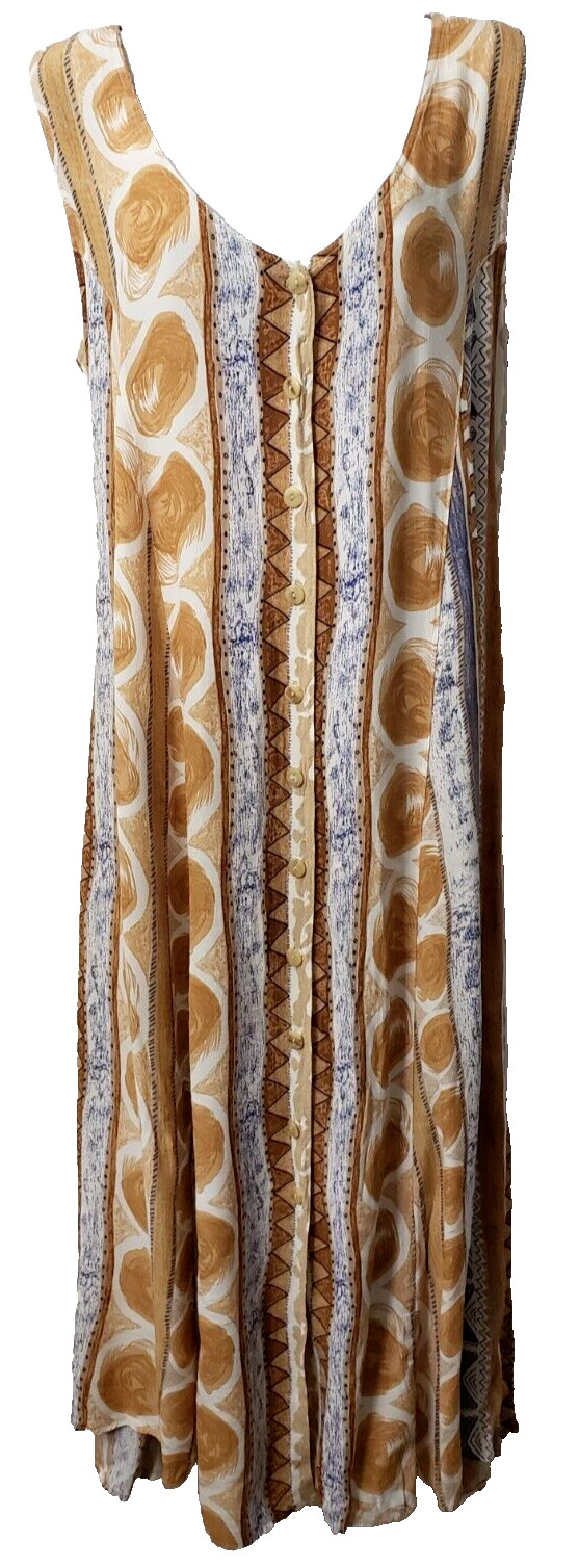 Vintage Tribal Maxi Dress M Artsy Jumper Tan Blue Button Front Hippie Boho 90s