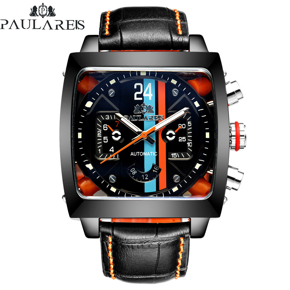 Paulareis Men's Watch Mechanical Homage Watch Square Orange And Blue Leather