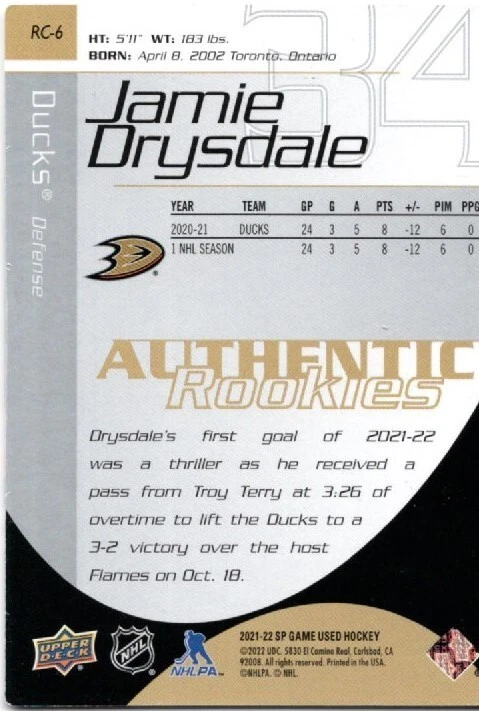 Jamie Drysdale Anaheim Ducks 2021-22 UD SP Game Used Authentic Rookies RC6 /999 - Image 2 of 2