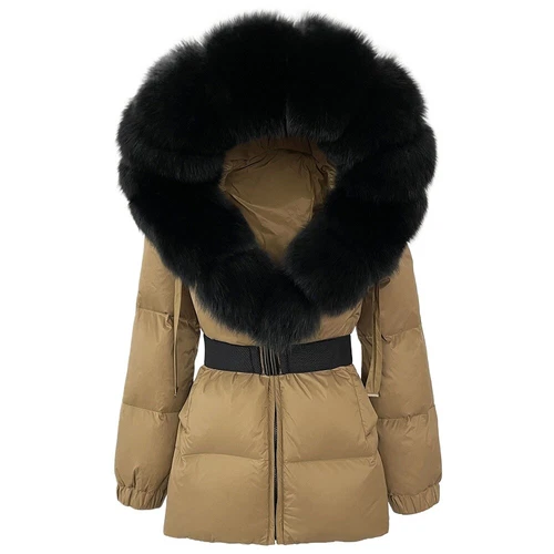 Winterjacke Damen echt Fuchspelz Kapuze dick warm weiß Entendaunenmantel - Bild 12 von 35