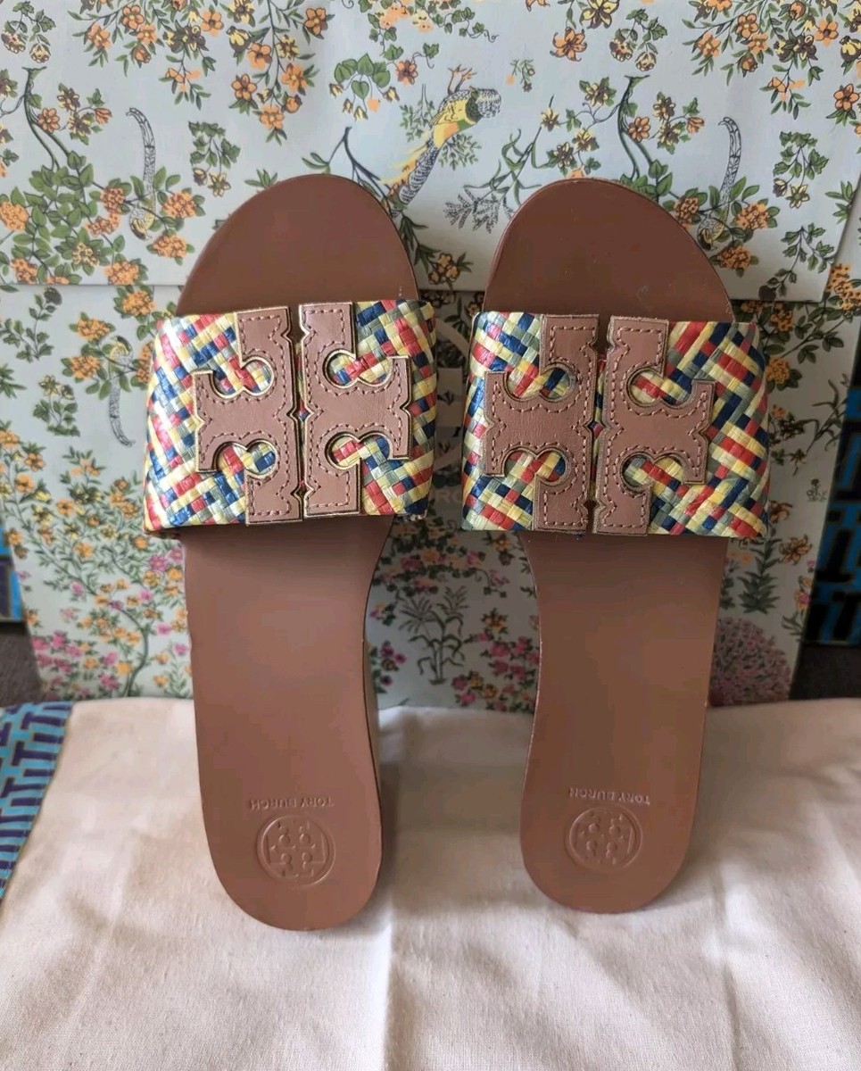 TORY BURCH Ines Woven Multicolor Raffia Wedge Platform Slide Sandal Size