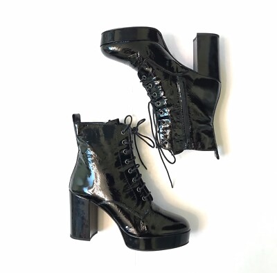 90s Goth Women s Size US 9 Black Patent Leather PVC Platform Lace Up Boots Heels