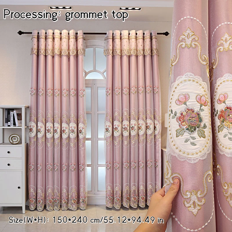 European Blackout Curtains Valance Floral Embroidery Double Layer Tulle Drape - Image 2 of 4