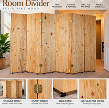 Wood Pine Folding Room Divider Privacy Screen on Wheels - Bedroom, Office