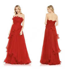 Mac Duggal 49537 Strapless Chiffon Pleated Tiered Ruffled Gown Red 12-NWT