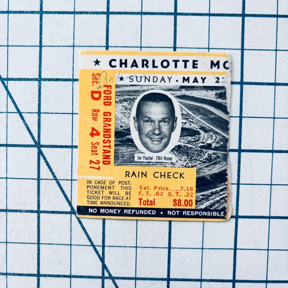 Charlotte World 600 1965 Jim Paschal '64 Winner Ticket Stub NASCAR