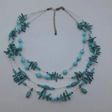 Vintage Silver Tone Turquoise Color Beaded Multi Strand Necklace Jewelry Costume