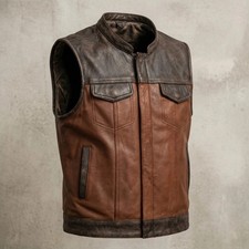 Men's Leather Vest Distress Brown Biker Motorcycle Men Waistcoat Vest Rider Vest