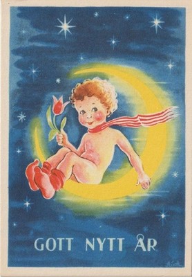 Aina Stenberg, Gott Nytt År / Happy New Year, Child and Moon, Postcard