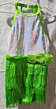 Weissman girls small 6 - 6X bright green fringe dance dress white sequins