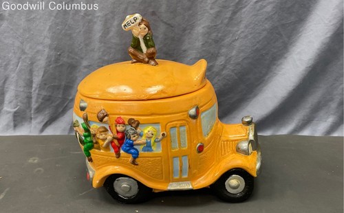 Vintage School Bus Ceramic Cookie Jar Dingbat District School 10 Inch