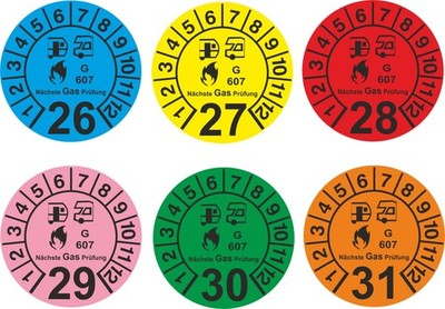 G607 Prüfplakette Nächste Gas Prüfung Wohnwagen Wohnmobil    20 - 45 mm  (1203)