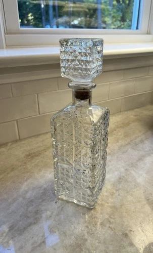 Vintage Glass Decanter with Cork Stopper Square 11.75 Fl Oz Federal Law Forbids